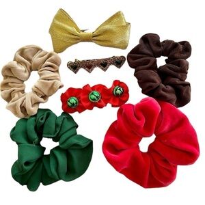 Bundle of Seven Hair Accessories Scrunchies Barrettes Bows Holiday Red Green